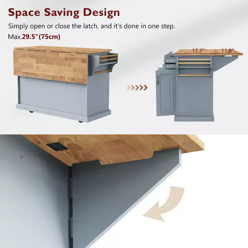 Îlot de cuisine roulant avec plateau en bois et armoires de rangement, gris