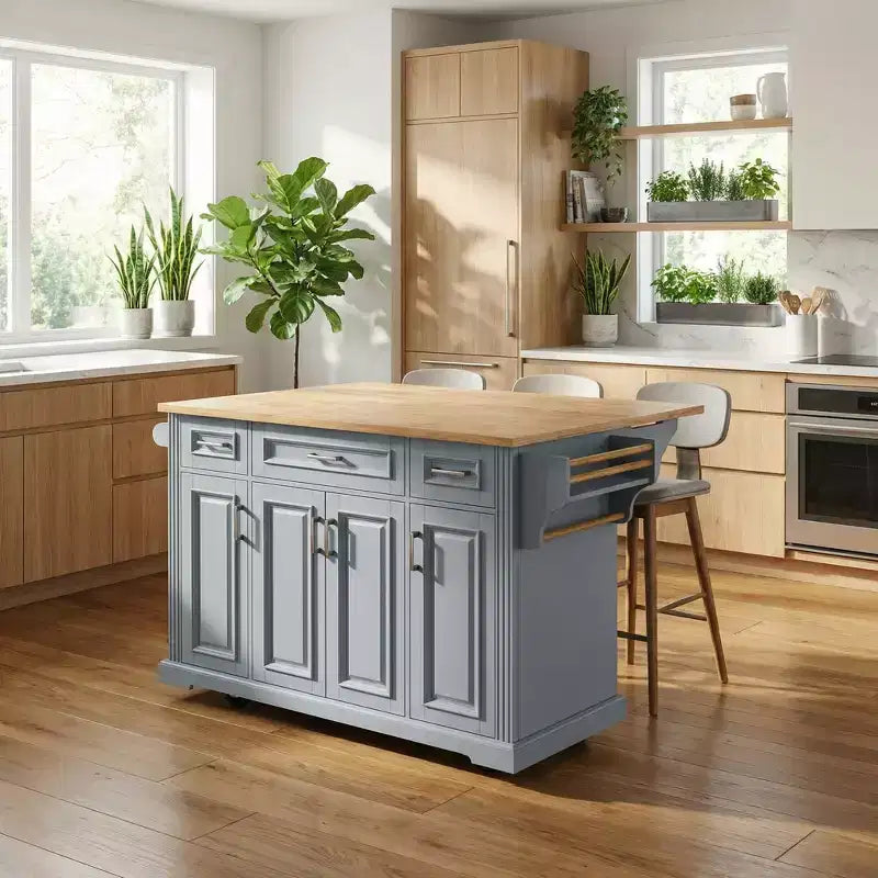 Îlot de cuisine roulant avec plateau en bois et armoires de rangement, gris
