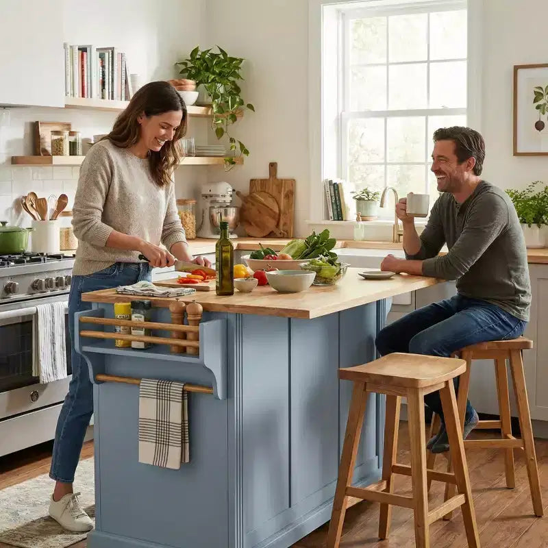 Îlot de cuisine roulant avec plateau en bois et armoires de rangement, gris