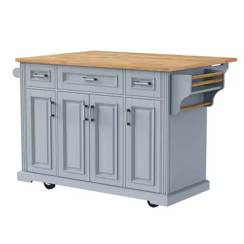 Îlot de cuisine roulant avec plateau en bois et armoires de rangement, gris