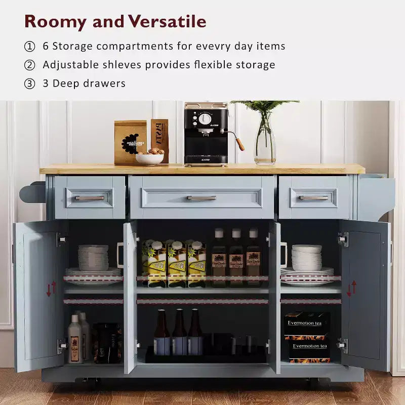 Îlot de cuisine roulant avec plateau en bois et armoires de rangement, gris