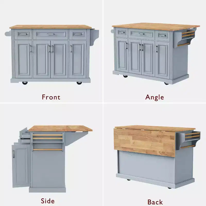 Îlot de cuisine roulant avec plateau en bois et armoires de rangement, gris