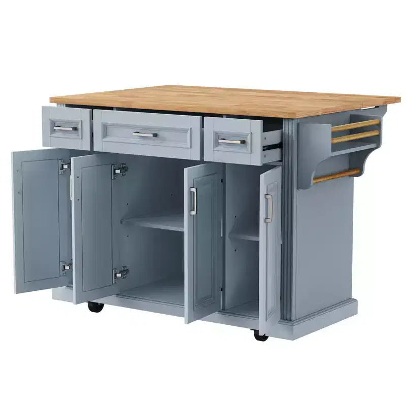 Îlot de cuisine roulant avec plateau en bois et armoires de rangement, gris