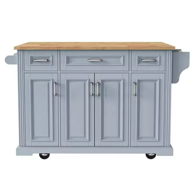 Îlot de cuisine roulant avec plateau en bois et armoires de rangement, gris