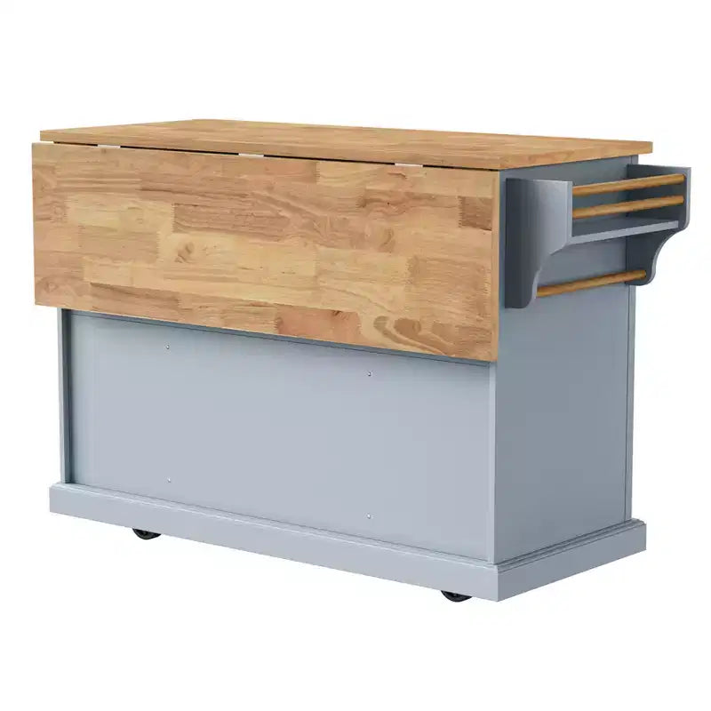 Îlot de cuisine roulant avec plateau en bois et armoires de rangement, gris