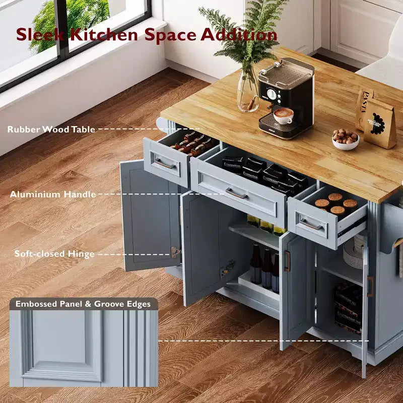Îlot de cuisine roulant avec plateau en bois et armoires de rangement, gris