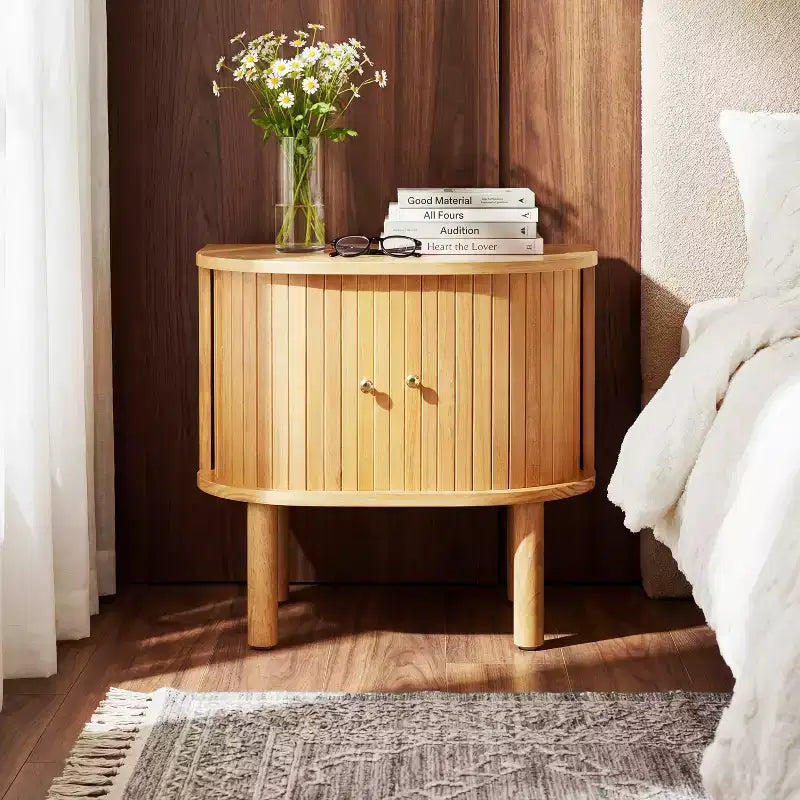 Christopher Knight Home Bennett Modern Scandinavian Curved Wood Nightstand with Sliding Slatted Doors