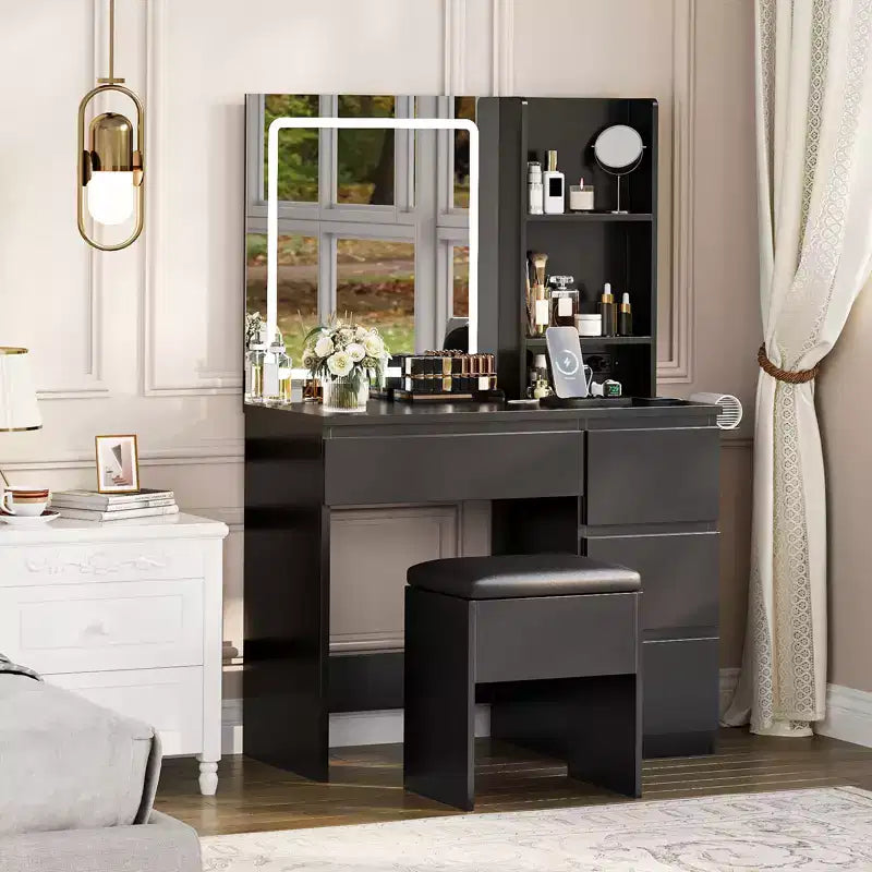 Vanity Desk with Mirror, Adjustable LED Lights, 4 Drawers, Power Outlet, Storage Stool, Shelves, Hair Dryer Holder, Makeup Table for Bedroom, Black