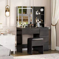 Vanity Desk with Mirror, Adjustable LED Lights, 4 Drawers, Power Outlet, Storage Stool, Shelves, Hair Dryer Holder, Makeup Table for Bedroom, Black