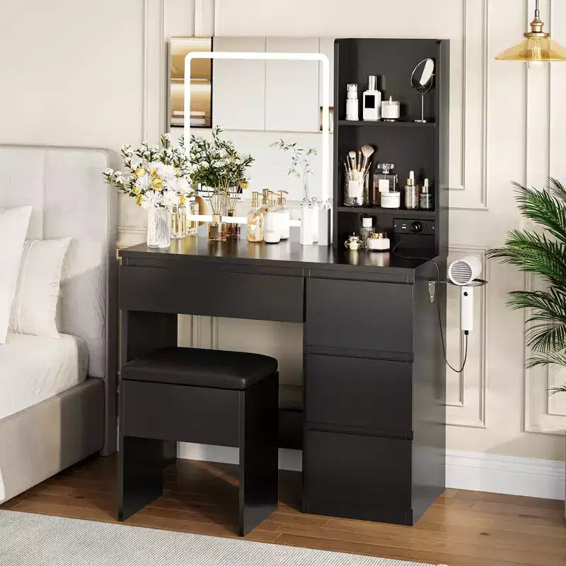 Coiffeuse avec miroir, lumières LED réglables, 4 tiroirs, prise de courant, tabouret de rangement, étagères, support pour sèche-cheveux, table de maquillage pour chambre, noire