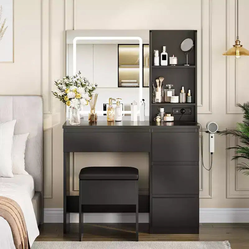Coiffeuse avec miroir, lumières LED réglables, 4 tiroirs, prise de courant, tabouret de rangement, étagères, support pour sèche-cheveux, table de maquillage pour chambre, noire