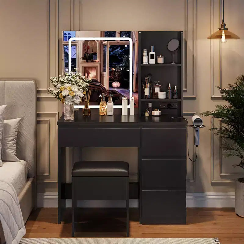 Coiffeuse avec miroir, lumières LED réglables, 4 tiroirs, prise de courant, tabouret de rangement, étagères, support pour sèche-cheveux, table de maquillage pour chambre, noire