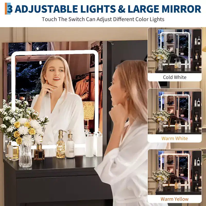 Coiffeuse avec miroir, lumières LED réglables, 4 tiroirs, prise de courant, tabouret de rangement, étagères, support pour sèche-cheveux, table de maquillage pour chambre, noire