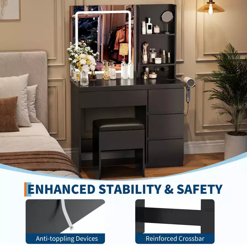 Coiffeuse avec miroir, lumières LED réglables, 4 tiroirs, prise de courant, tabouret de rangement, étagères, support pour sèche-cheveux, table de maquillage pour chambre, noire