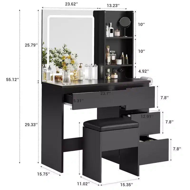 Coiffeuse avec miroir, lumières LED réglables, 4 tiroirs, prise de courant, tabouret de rangement, étagères, support pour sèche-cheveux, table de maquillage pour chambre, noire