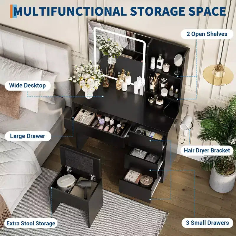 Coiffeuse avec miroir, lumières LED réglables, 4 tiroirs, prise de courant, tabouret de rangement, étagères, support pour sèche-cheveux, table de maquillage pour chambre, noire