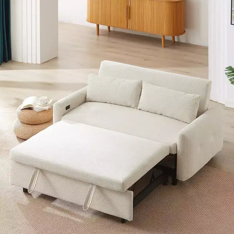 57.48 Canapé-lit gigogne convertible 2 places causeuse Canapé-lit moderne avec deux oreillers décoratifs et ports USB, beige