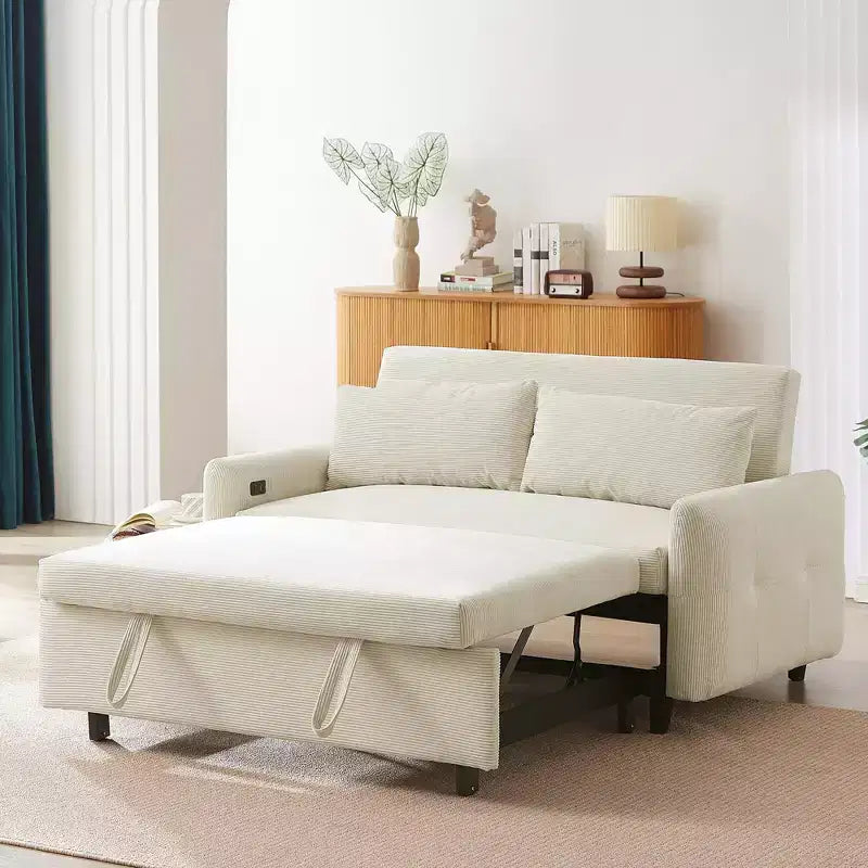 57.48 Canapé-lit gigogne convertible 2 places causeuse Canapé-lit moderne avec deux oreillers décoratifs et ports USB, beige