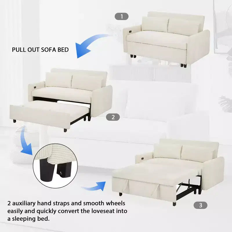 57.48 Canapé-lit gigogne convertible 2 places causeuse Canapé-lit moderne avec deux oreillers décoratifs et ports USB, beige