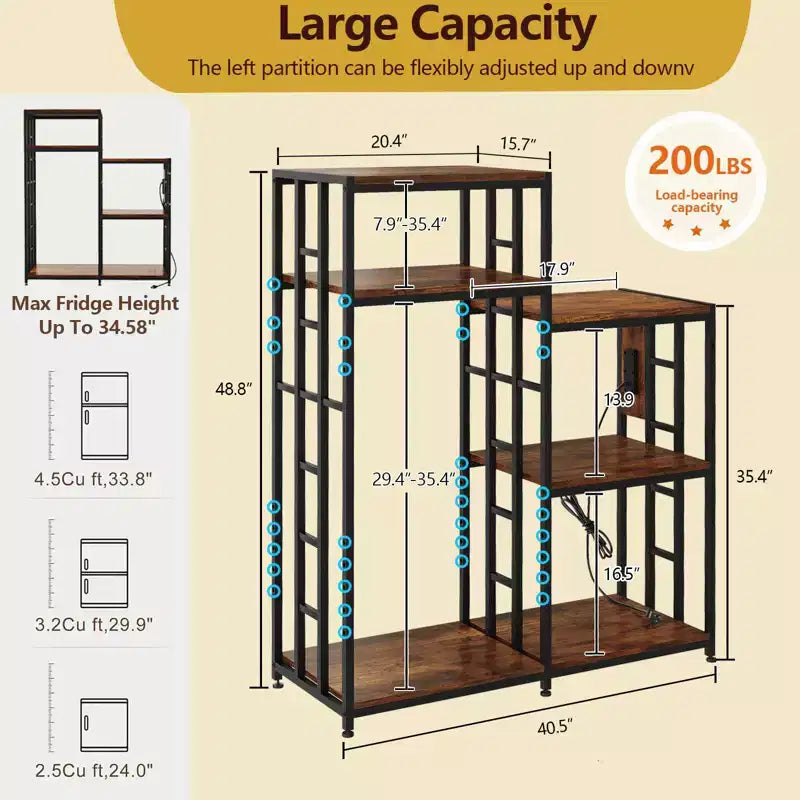 48,8 po Support réglable pour mini-réfrigérateur avec prise de courant, étagère robuste à 6 niveaux de 360 lb, support polyvalent pour réfrigérateur et micro-ondes pour cuisine et salon
