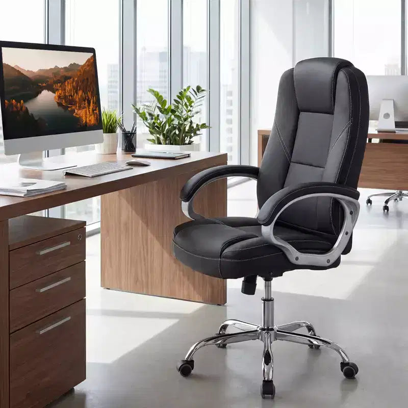 Fauteuil de bureau en cuir, chaise de direction ergonomique avec dossier à bascule, noir