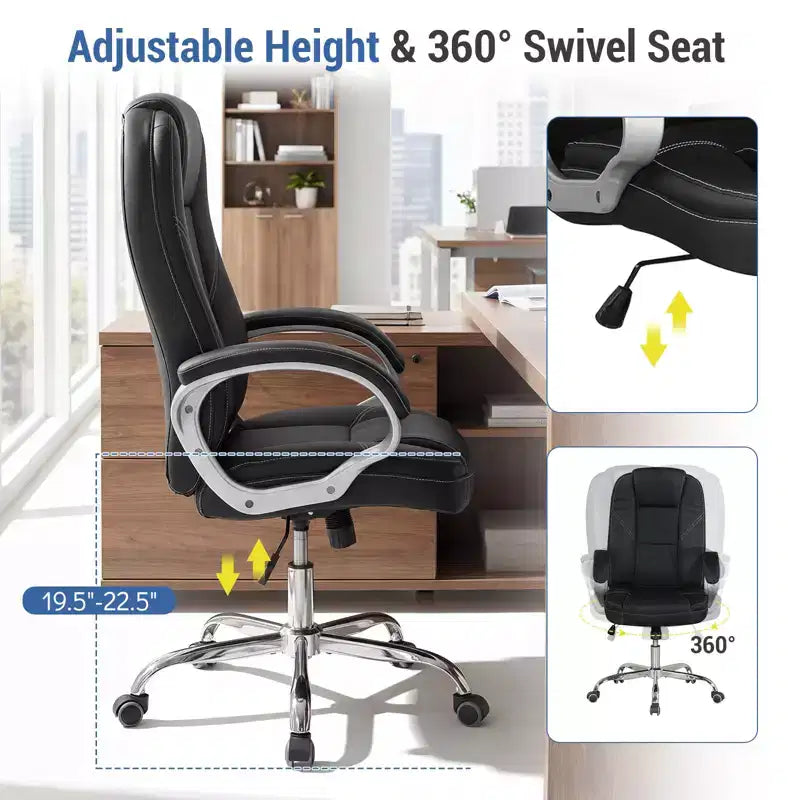 Fauteuil de bureau en cuir, chaise de direction ergonomique avec dossier à bascule, noir