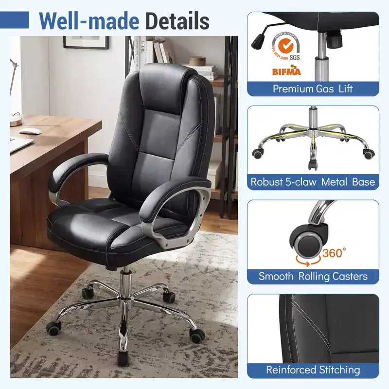 Fauteuil de bureau en cuir, chaise de direction ergonomique avec dossier à bascule, noir
