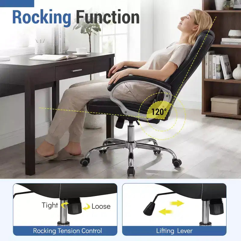 Fauteuil de bureau en cuir, chaise de direction ergonomique avec dossier à bascule, noir
