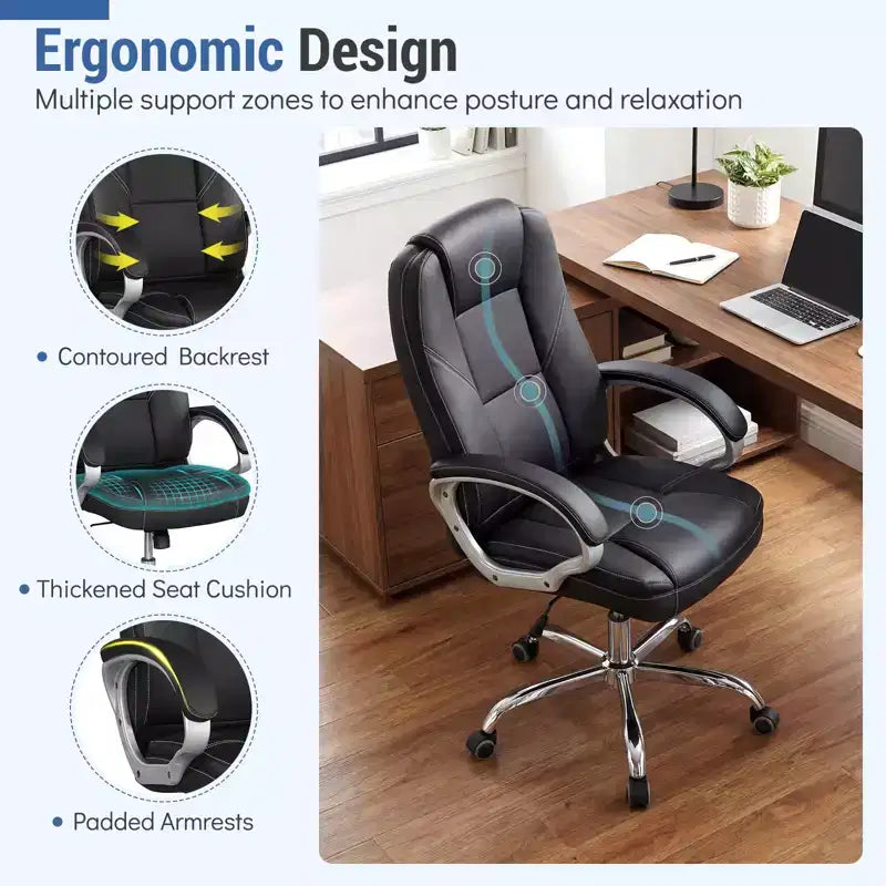 Fauteuil de bureau en cuir, chaise de direction ergonomique avec dossier à bascule, noir