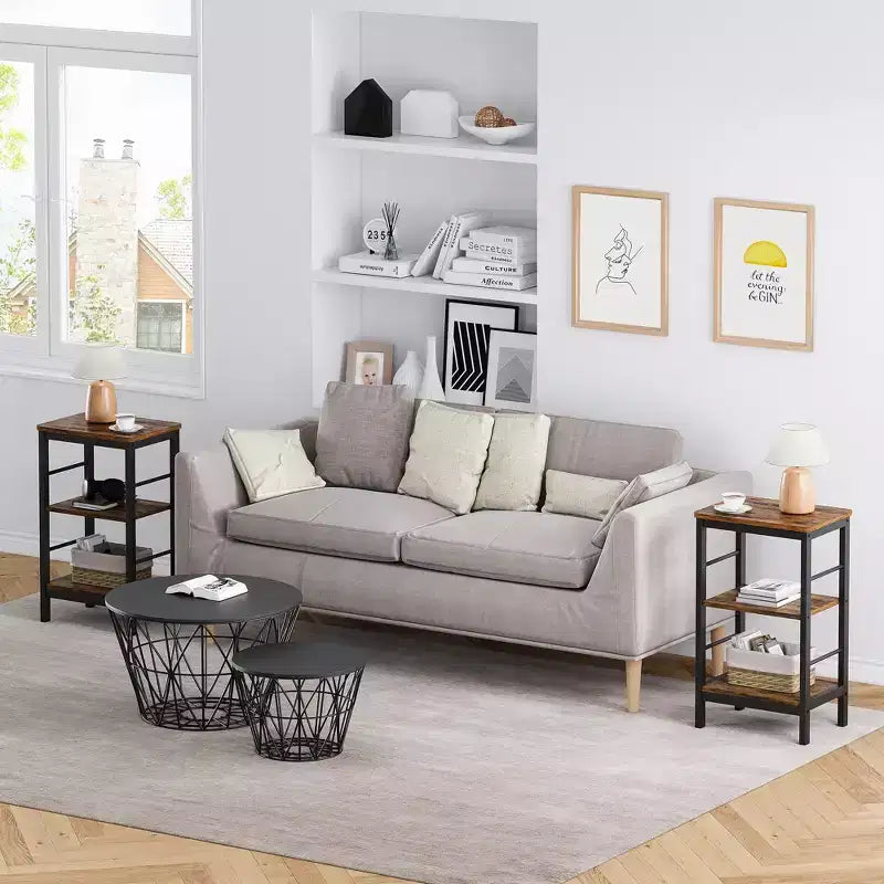 Lot de 2 tables d'appoint modernes - Étagère de rangement à 3 niveaux, Design peu encombrant, Tables de chevet pour salon et chambre, Style ferme, Montage facile