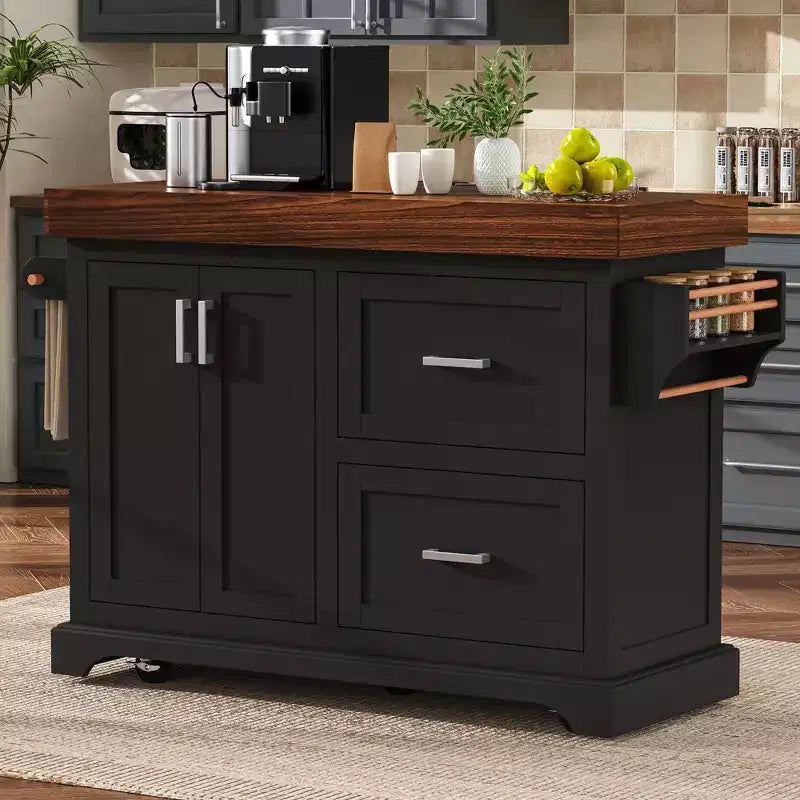 Zeus & Ruta 53 Rolling Kitchen Island Cart with 3.5 Thick Top, Drawers, Spice & Towel Racks