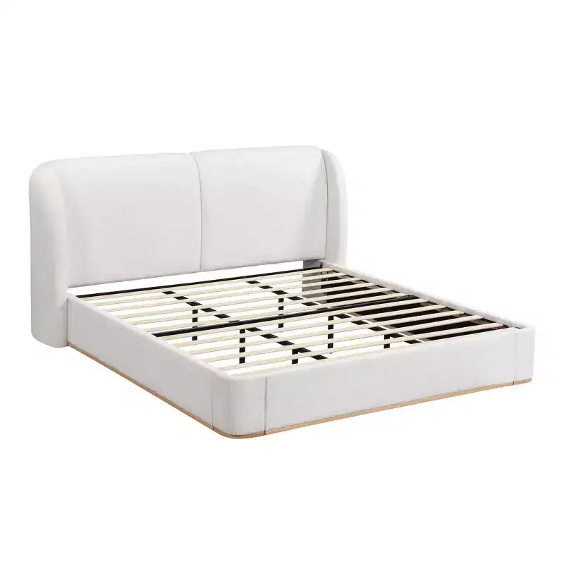 Cadre de lit King moderne avec tête de lit double oreiller, rembourré, tissu bouclé doux, design latéral ailé, lattes en bois massif