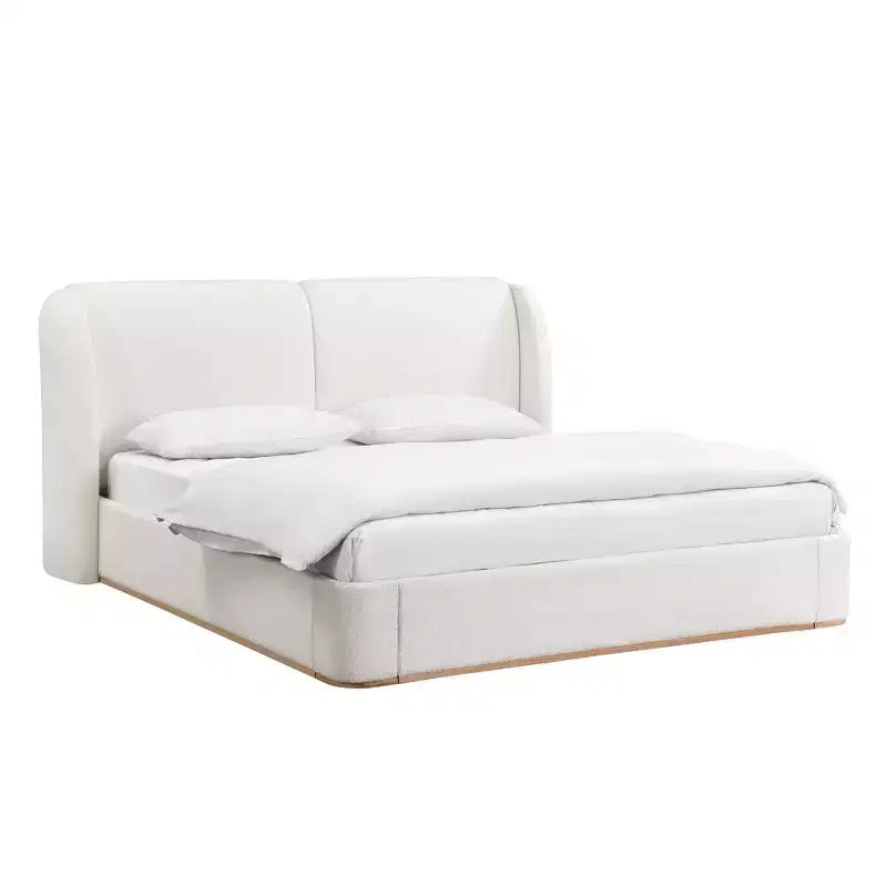 Cadre de lit King moderne avec tête de lit double oreiller, rembourré, tissu bouclé doux, design latéral ailé, lattes en bois massif