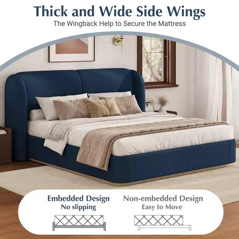 Cadre de lit King moderne avec tête de lit double oreiller, rembourré, tissu bouclé doux, design latéral ailé, lattes en bois massif