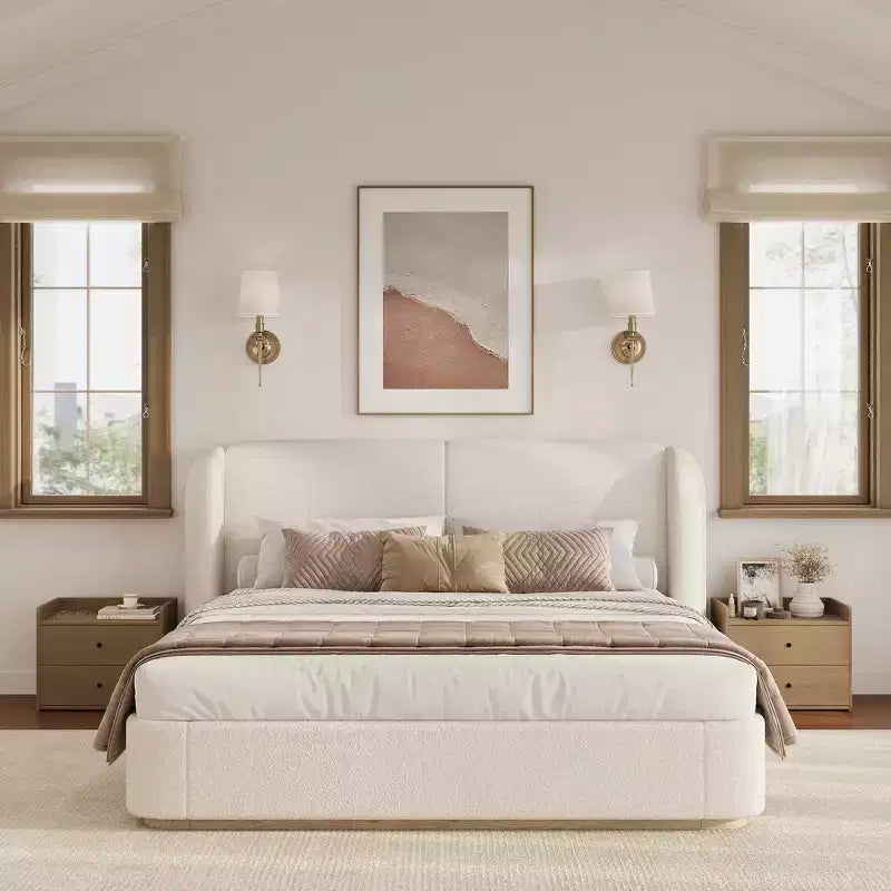 Cadre de lit King moderne avec tête de lit double oreiller, rembourré, tissu bouclé doux, design latéral ailé, lattes en bois massif