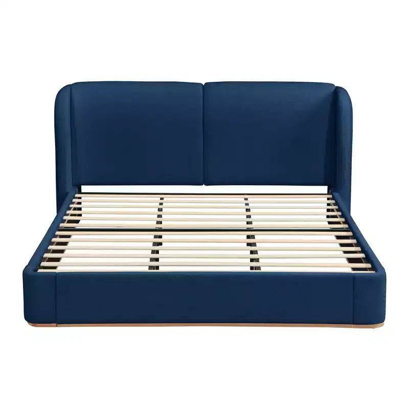 Cadre de lit King moderne avec tête de lit double oreiller, rembourré, tissu bouclé doux, design latéral ailé, lattes en bois massif