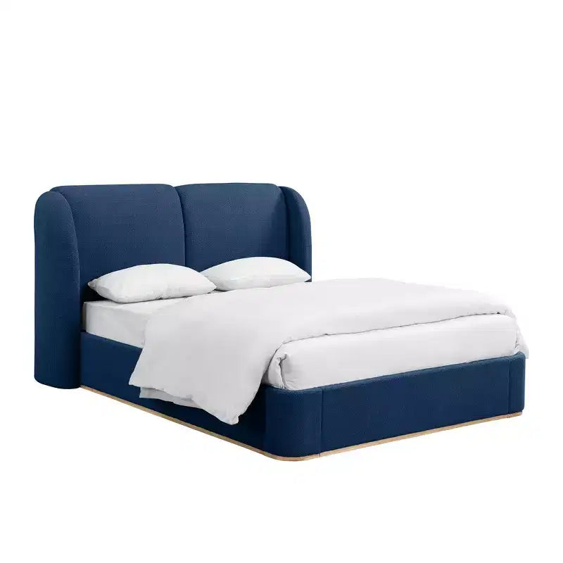 Cadre de lit King moderne avec tête de lit double oreiller, rembourré, tissu bouclé doux, design latéral ailé, lattes en bois massif