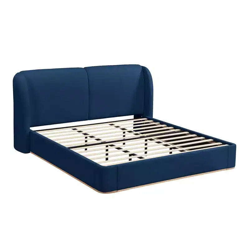 Cadre de lit King moderne avec tête de lit double oreiller, rembourré, tissu bouclé doux, design latéral ailé, lattes en bois massif