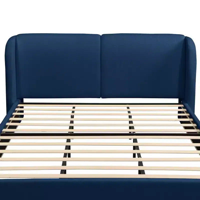 Cadre de lit King moderne avec tête de lit double oreiller, rembourré, tissu bouclé doux, design latéral ailé, lattes en bois massif