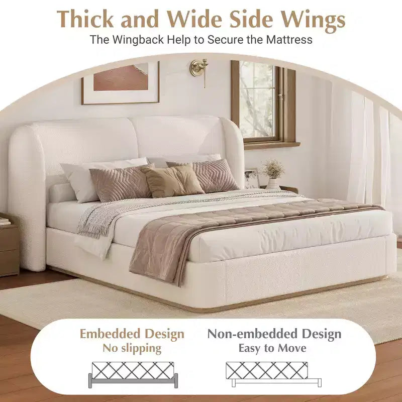Cadre de lit King moderne avec tête de lit double oreiller, rembourré, tissu bouclé doux, design latéral ailé, lattes en bois massif