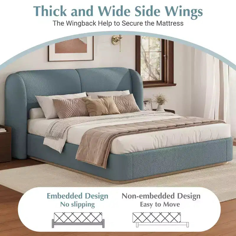 Cadre de lit King moderne avec tête de lit double oreiller, rembourré, tissu bouclé doux, design latéral ailé, lattes en bois massif