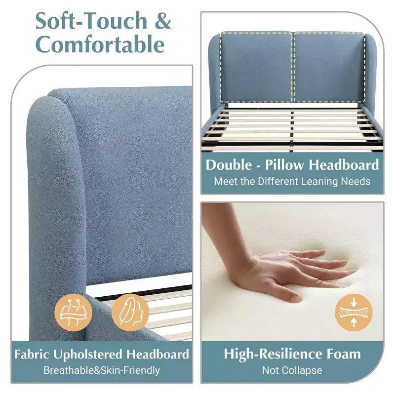 Cadre de lit King moderne avec tête de lit double oreiller, rembourré, tissu bouclé doux, design latéral ailé, lattes en bois massif