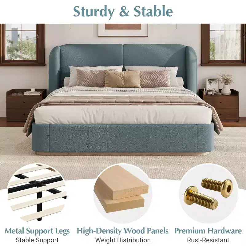 Cadre de lit King moderne avec tête de lit double oreiller, rembourré, tissu bouclé doux, design latéral ailé, lattes en bois massif
