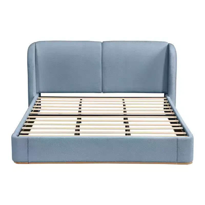 Cadre de lit King moderne avec tête de lit double oreiller, rembourré, tissu bouclé doux, design latéral ailé, lattes en bois massif