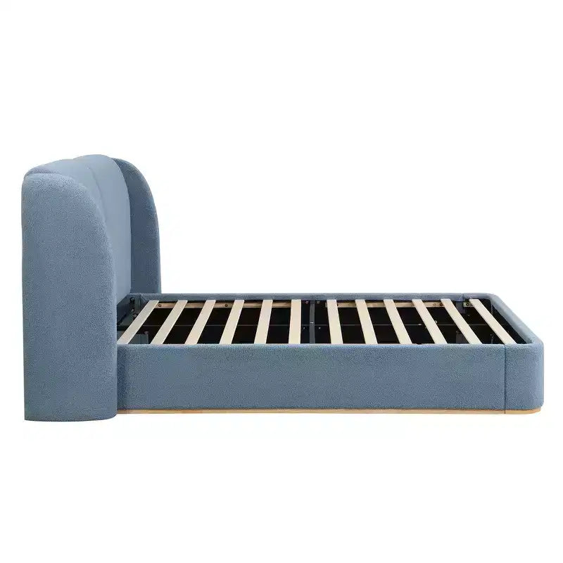 Cadre de lit King moderne avec tête de lit double oreiller, rembourré, tissu bouclé doux, design latéral ailé, lattes en bois massif