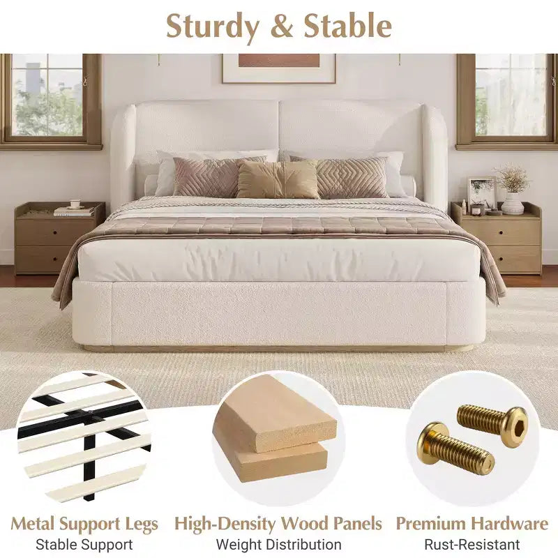 Cadre de lit King moderne avec tête de lit double oreiller, rembourré, tissu bouclé doux, design latéral ailé, lattes en bois massif