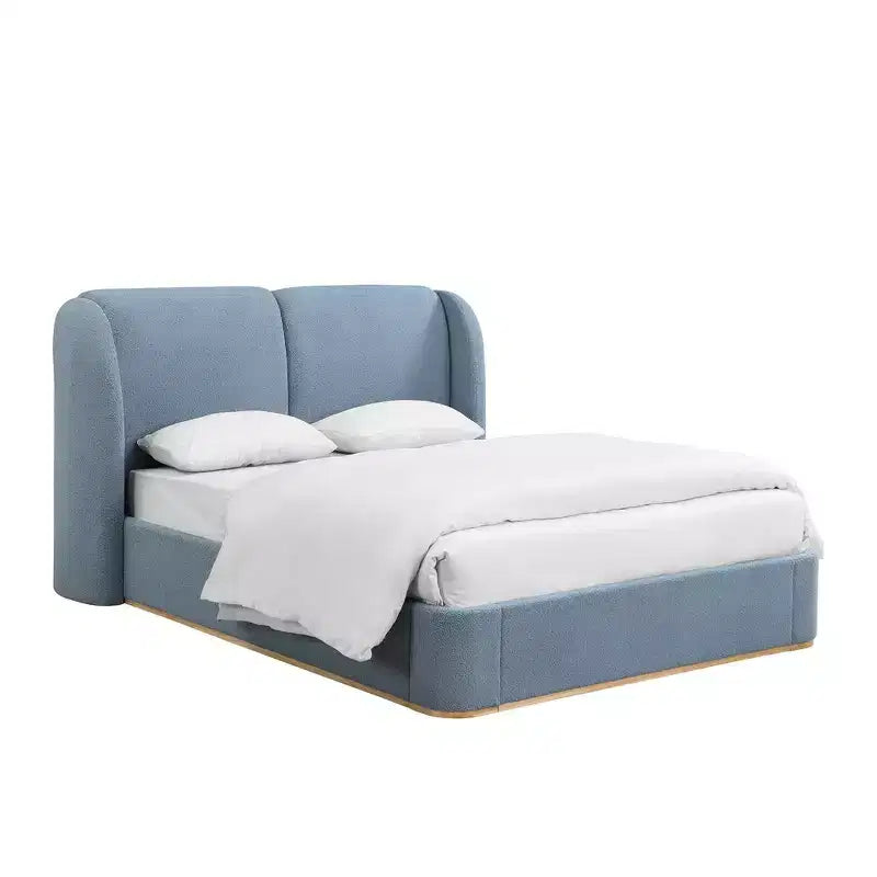 Cadre de lit King moderne avec tête de lit double oreiller, rembourré, tissu bouclé doux, design latéral ailé, lattes en bois massif