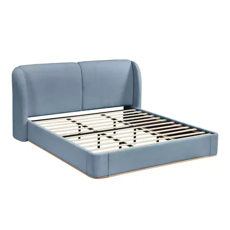 Cadre de lit King moderne avec tête de lit double oreiller, rembourré, tissu bouclé doux, design latéral ailé, lattes en bois massif