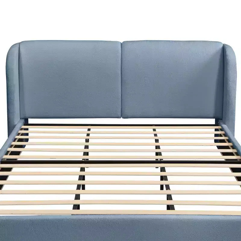 Cadre de lit King moderne avec tête de lit double oreiller, rembourré, tissu bouclé doux, design latéral ailé, lattes en bois massif