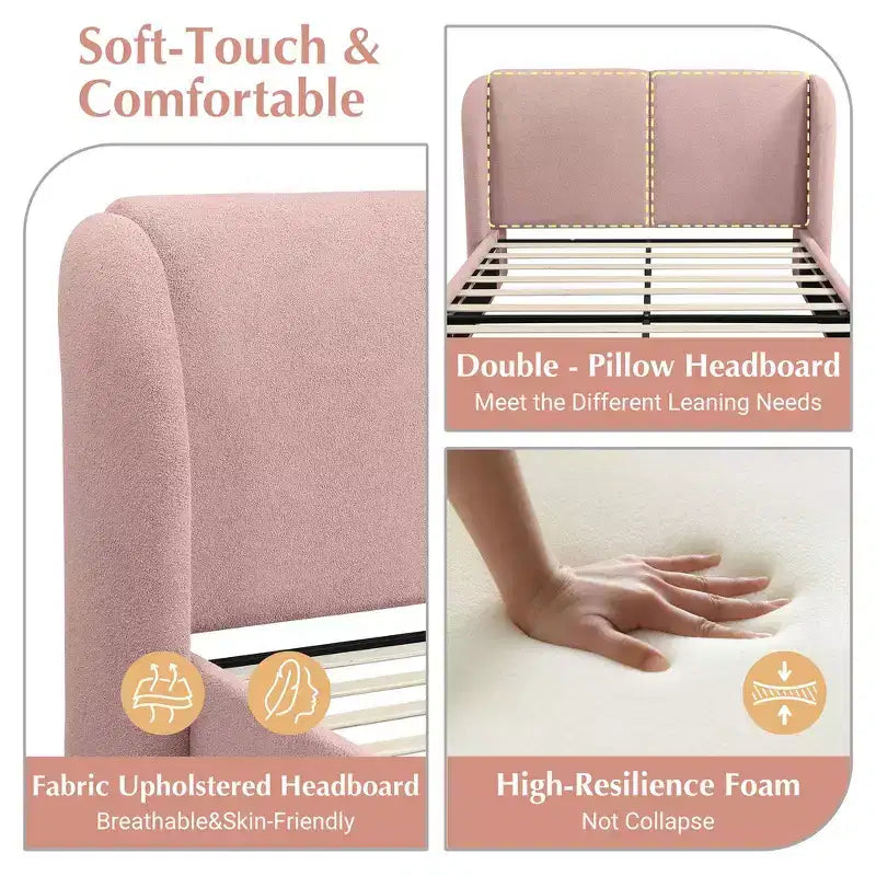 Cadre de lit King moderne avec tête de lit double oreiller, rembourré, tissu bouclé doux, design latéral ailé, lattes en bois massif